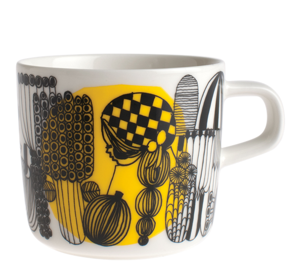 Oiva Siirtolapuutarha kaffekopp 2 dl hvit sort gul fra Marimekko
