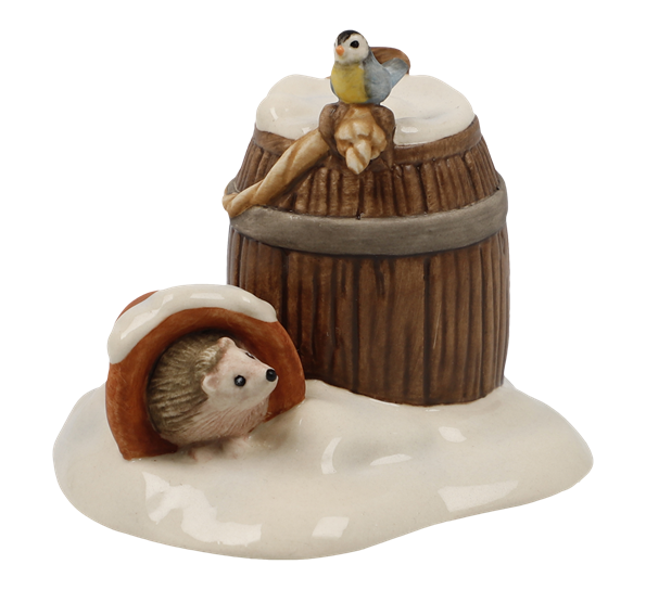 Winter Wood piggsvin og fugl Little Hideout 5,5 cm fra Goebel