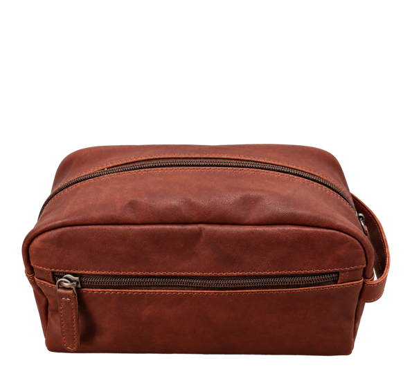 Toalettmappe geiteskinn med lomme 24x14x13 cm mørkebrun Garv