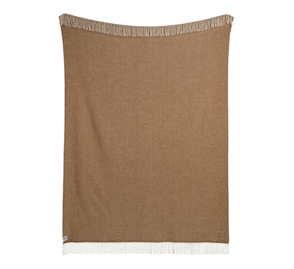 Kattefot frynsepledd ull brent oker 140x220 cm fra Røros Tweed