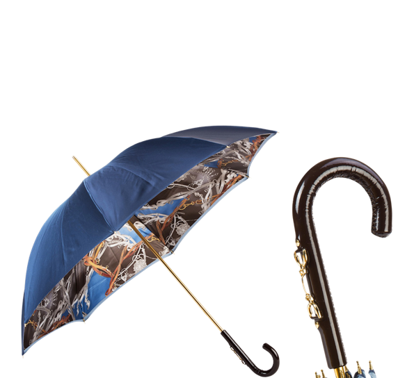 Paraply lang marineblå med hodelagprint fra Pasotti Ombrelli