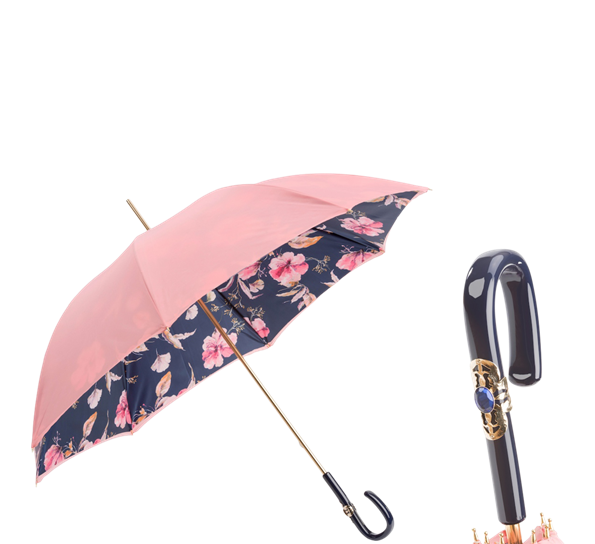 Paraply lang med blomster rosa og mørk blå fra Pasotti Ombrelli