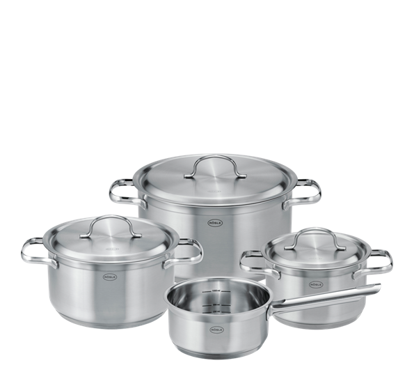 <p>PureElements grytesett med lokk 4 gryter stål fra Rösle</p>