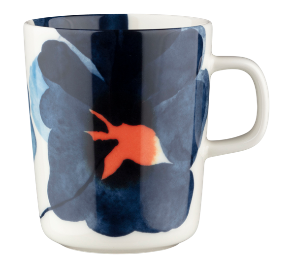 <p>Oiva Valssi krus 2,5 dl hvit bl&aring; oransje fra Marimekko</p>