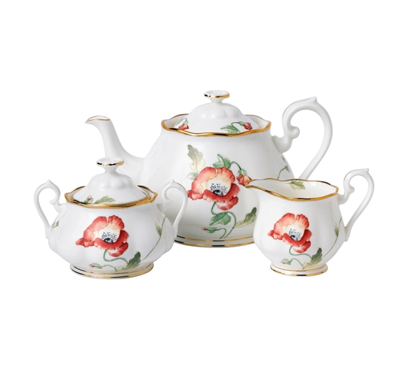 1970 Tekanne Sukker Og Fløtesett Poppy fra Royal Albert