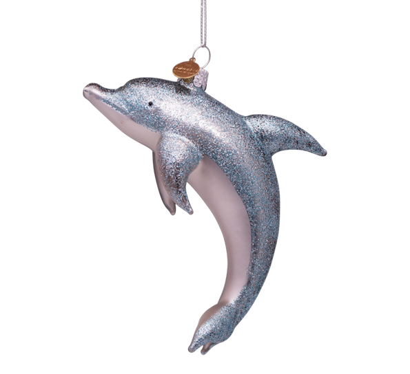Glassornament delfin blå med glitter H12 cm fra Vondels