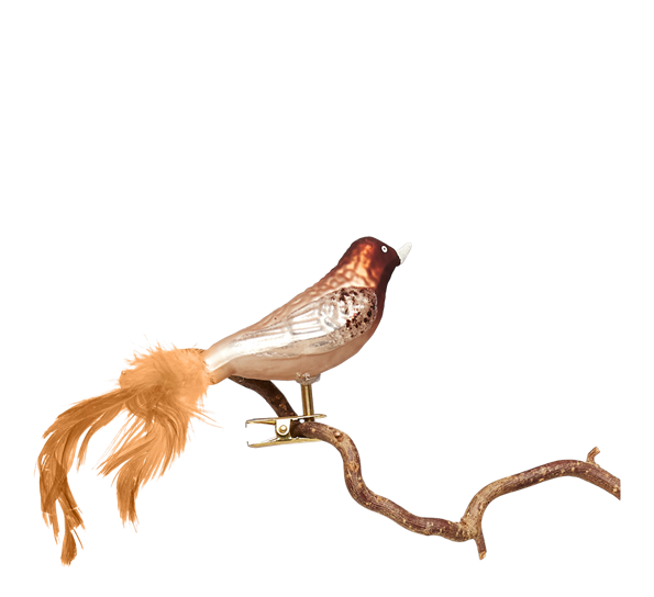 Julekule fugl med klips og fjær cognac fra UND