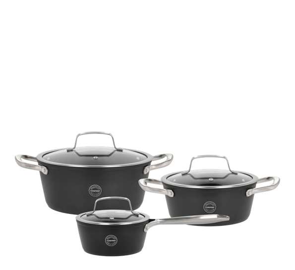 Travo grytesett med glasslokk 3 deler sort aluminium fra Pillivuyt