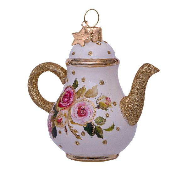 Glassornament tekanne med rosedekor H10 cm fra Vondels