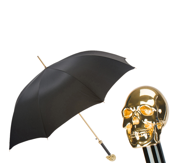 Paraply lang med hodeskalle gull sort fra Pasotti Ombrelli