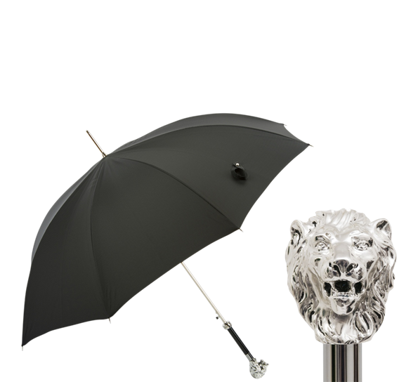 Paraply lang med løvehode sølv sort fra Pasotti Ombrelli