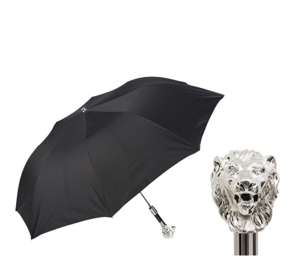 Paraply kort med løvehode sølv sort fra Pasotti Ombrelli