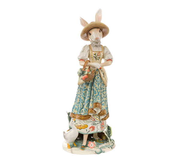<p>F&amp;F Dapper Lady hare med blomsterkurv fra Goebel</p>

