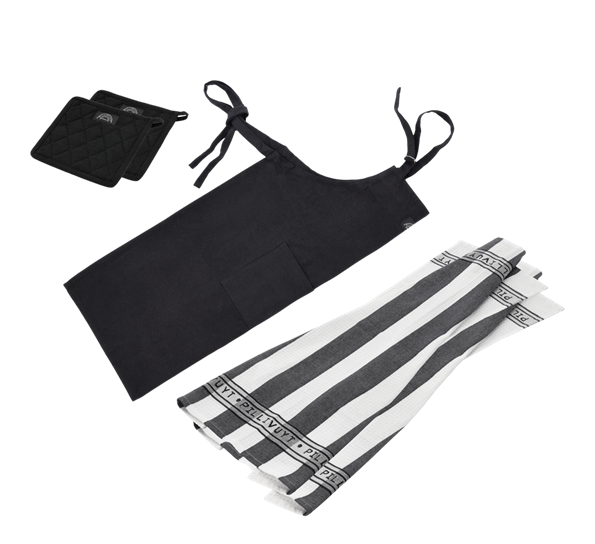 Forkle, kjøkkenhåndkle og grytelapper 5 deler sort Pillivuyt