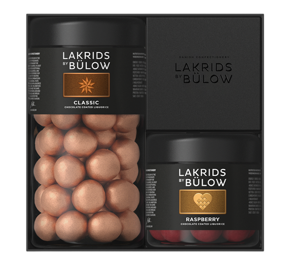 WE Black Box lakris standard Classic & liten Crispy Raspberry 420g fra Lakrids By Johan Bülow