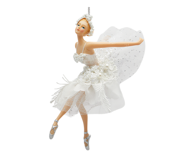 Juletrepynt ballerina med perlehårbånd foran snor 18 cm hvit EDG Enzo de Gasperi